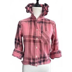 Handmade Upcycled Cotton Pink Plaid Button-Up with Ruffled Collar | OOAK